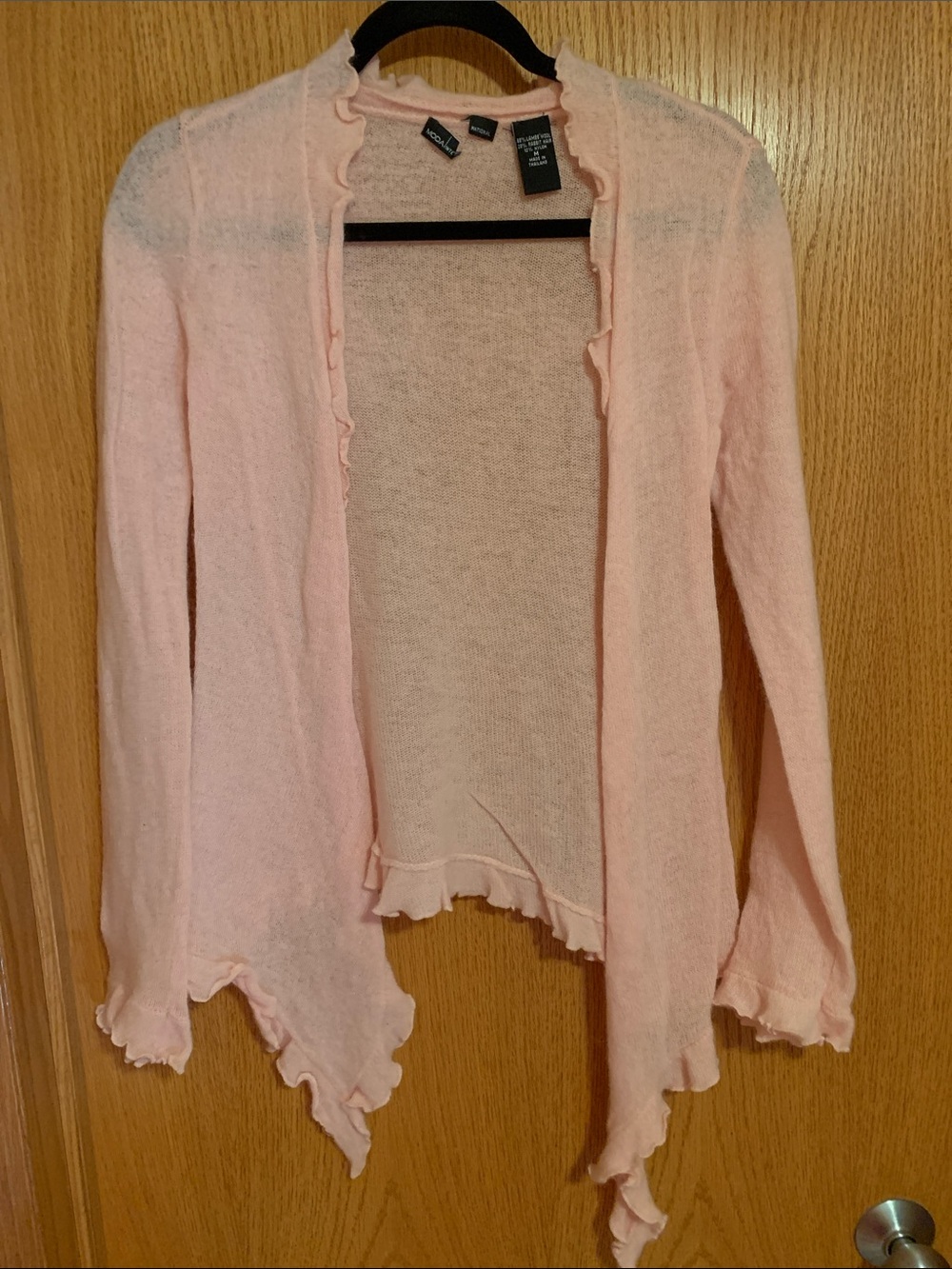 Moda International Light Pink Ruffle-Trim Open Front Cardigan